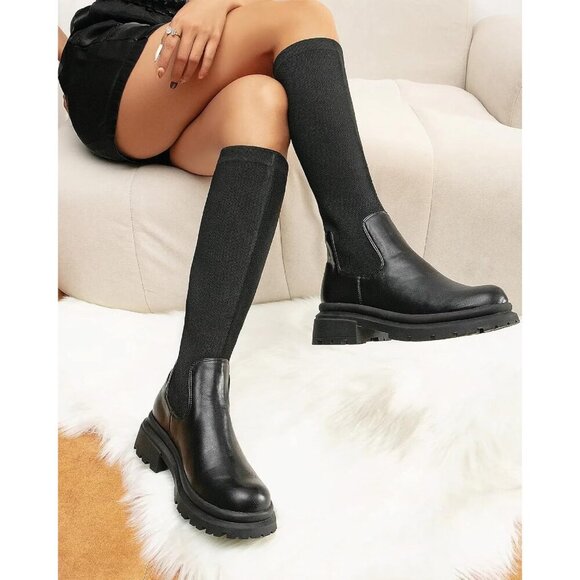 🆕 MOUSSE FIT Women's Black Knee High Rubber Boots Lug Sole Platform Block Heel - Picture 3 of 6